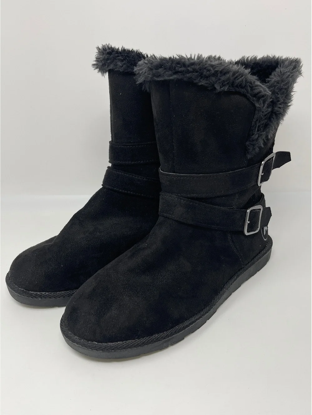 Airwalk Womens Size 9.5 Black Suede Faux Fur Trim Double Buckle Winter Boots